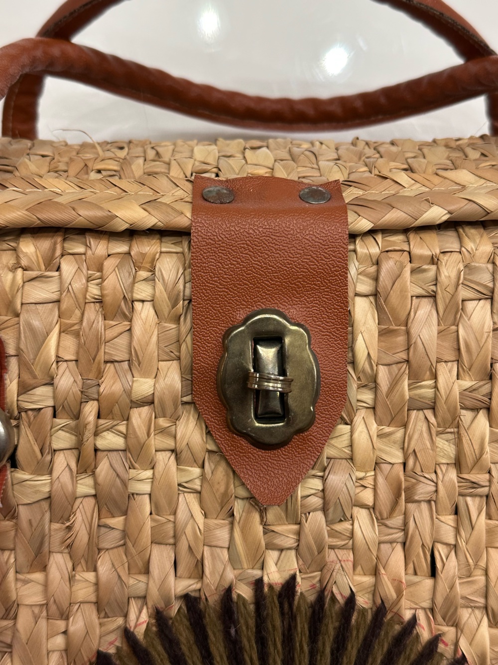 Vintage 70s Mexican Straw Woven Basket Purse Floral Raffia Boho Box Bag - Picture 7 of 15